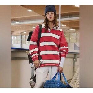 Free People Work It Out Printed Rugby Polo Womens S Red Preppy 90's Y2K Sporty